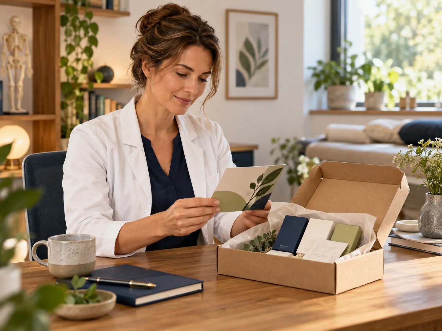 Duitse gezondheidsprofessional bekijkt een zorgvuldig samengesteld introductiepakket