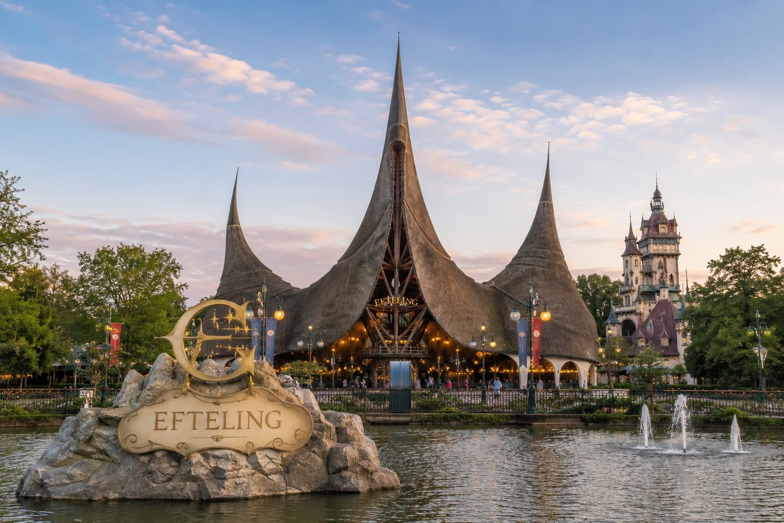 De iconische ingang van de Efteling tijdens zonsondergang met het sprookjesachtige entreegebouw, fontein en Efteling bord aan het water