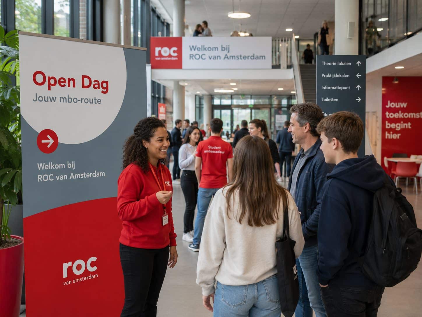 Open dag ROC van Amsterdam met bezoekers en studentambassadeur