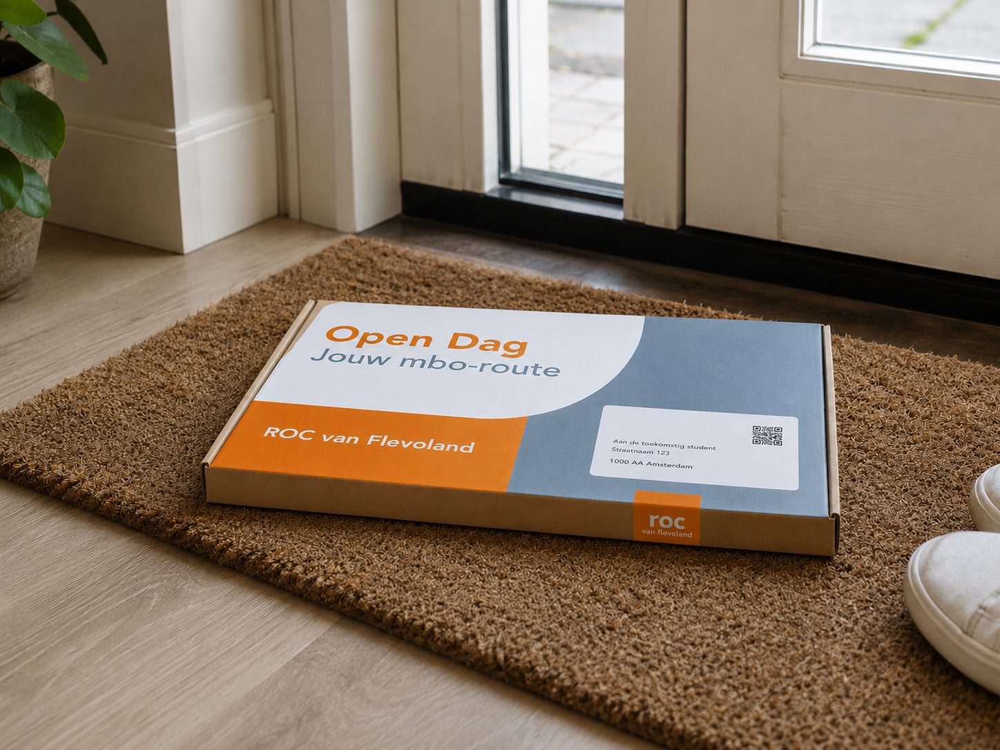 ROC van Flevoland open dag pakket met mbo-route op een deurmat