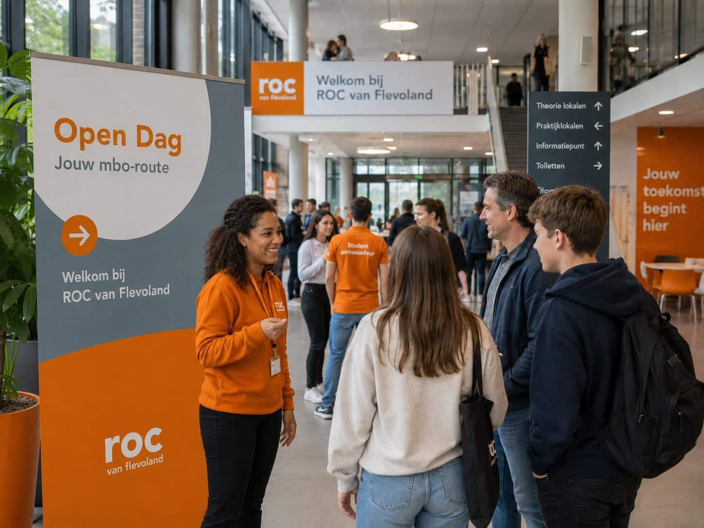 Open dag ROC van Flevoland met bezoekers en studentambassadeur