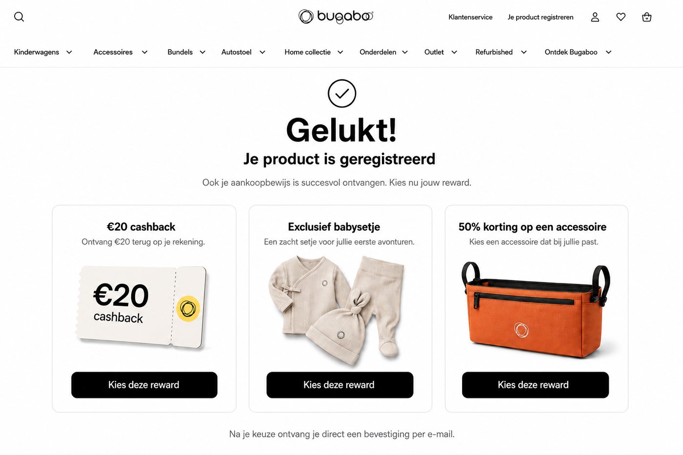 Screenshot: bevestigingspagina na productregistratie op bugaboo.com, met drie rewardkeuzes (cashback, babysetje, accessoirekorting)