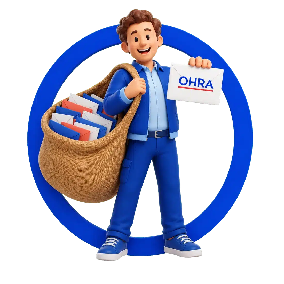 Postbode met een tas vol brieven en een envelop van OHRA