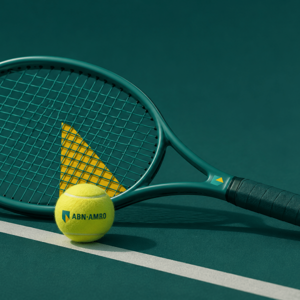 Tennisracket en tennisbal in ABN AMRO kleuren voor het ABN AMRO World Tennis Tournament in samenwerking met de VriendenLoterij en Sidekix